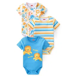 Babyhug 100% Cotton Knit Half Sleeves Onesies With Animals Print & Striped Pack Of 3 - Blue & White-picture-35