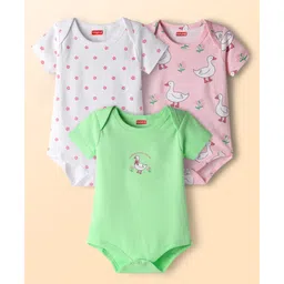 Babyhug 100% Cotton Knit Half Sleeves Onesies With Duck & Floral Print Pack of 3 - Green Pink & White-picture-18