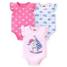 Babyhug 100% Cotton Knit Half Sleeves Onesies with Heart & Fish Print Pack of 3 - Multicolour-picture-22
