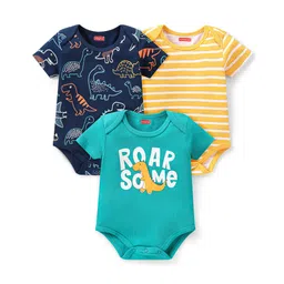 Babyhug 100% Cotton Knit Half Sleeves Onesies  with Striped Dino & Text Print Pack of 3 - Multicolour-picture-17