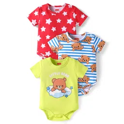 Babyhug 100% Cotton Knit Half Sleeves Onesies with Stripes & Bear Print Pack of 3 - Red Blue & Light Green-picture-20