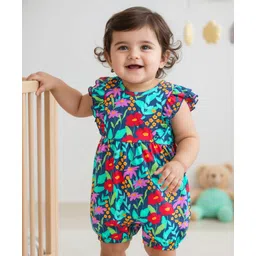 Babyhug 100% Cotton Knit Half Sleeves Romper with Floral Print - Blue-picture-16