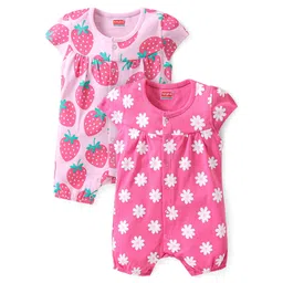 Babyhug 100% Cotton Knit Half Sleeves Romper With Strawberry & Floral Print Pack Of 2 - Pink-picture-17
