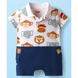 Babyhug 100% Cotton Knit Half Sleeves Romper with with Animal Print - White & Navy Blue-image-43
