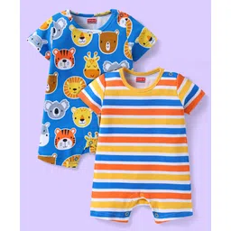 Babyhug 100% Cotton Knit Half Sleeves Rompers with Animal Print & Stripes Pack of 2 - Yellow & Blue-picture-11