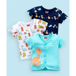 Babyhug 100% Cotton Knit Half Sleeves Set of Vests Dino Print Pack of 3 - Multicolor-picture-22