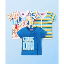Babyhug 100% Cotton Knit Half Sleeves Set of Vets Striped & Text Print Pack of 3 - Multicolour-picture-19