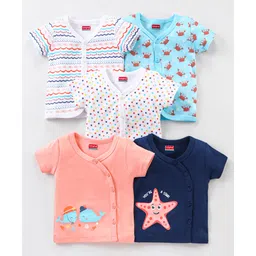 Babyhug 100% Cotton Knit Half Sleeves Star & Fish Printed Vests Pack of 5 - Navy Blue Peach & White-picture-16