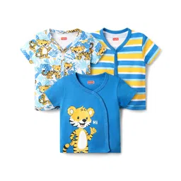 Babyhug 100% Cotton Knit Half Sleeves Striped & Animal Printed Front Open Vests Pack of 3 - Blue White & Yellow-picture-19