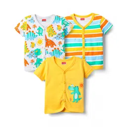 Babyhug 100% Cotton Knit Half Sleeves Striped & Animal Printed Front Open Vests Pack of 3 - Yellow & White-picture-15