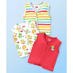 Babyhug 100% Cotton Knit Half Sleeves Striped & Lion Printed Antibacterial Front Open Vests Pack of 3 - Multicolour-picture-18