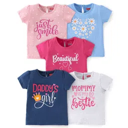 Babyhug 100% Cotton Knit Half Sleeves Tee With Floral & Text Graphics Pack of 5- Pink Grey & Blue-image-10
