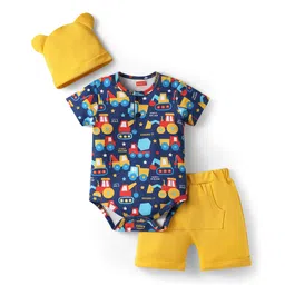 Babyhug 100% Cotton Knit Half Sleeves Vehicle Printed Onesie With Shorts & Cap - Navy Blue & Yellow-image-22
