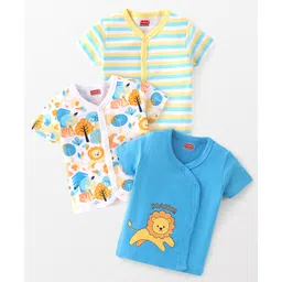 Babyhug 100% Cotton Knit Half Sleeves Vests Lion Print Pack of 3 - Multicolour-picture-32