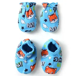Babyhug 100% Cotton Knit Mittens and Booties Animal Print - Light Blue-picture-23