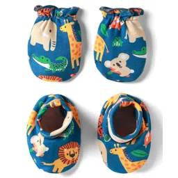 Babyhug 100% Cotton Knit Mittens & Booties Set with Animal Print - Navy Blue-image-38