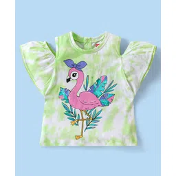 Babyhug 100% Cotton Knit Off Shoulder Half Sleeves Tie & Dye  Top with Flamingo Print - White & Green image 3