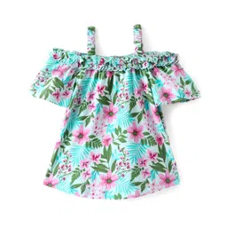 Babyhug 100% Cotton Knit Off Shoulder Half Sleeves Top with Floral Graphics & Frill Detailing - Green-picture-12