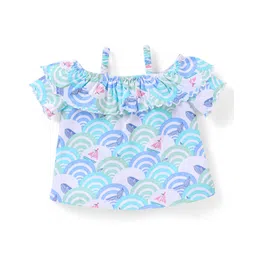 Babyhug 100% Cotton Knit Off Shoulder Sleeves Top With Frill Detailing Sea Waves Print- White & Blue-picture-10