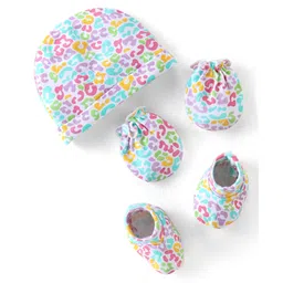 Babyhug 100% Cotton Knit Printed Cap Mittens & Booties - Multicolor-picture-11