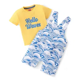 Babyhug 100% Cotton Knit Single Jersey Dungaree & Half Sleeves T-Shirt Set With Text & Waves Print - Blue & Yellow-picture-30