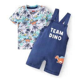 Babyhug 100% Cotton Knit Single Jersey Dungaree & Half Sleeves T-Shirt With Dino Print - White & Blue-picture-26