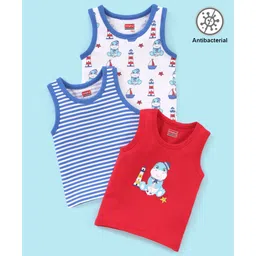Babyhug 100% Cotton Knit Sleeveless Antibacterial Striped Sando Dino Print Pack of 3 - Red Blue & White-picture-14
