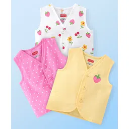 Babyhug 100% Cotton Knit Sleeveless Jhablas Polka Dot & Strawberry Print Pack of 3 - Pink White & Yellow-picture-15