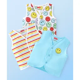 Babyhug 100% Cotton Knit Sleeveless Jhablas Striped & Emoji Print  Pack of 3 - Blue & White-picture-18