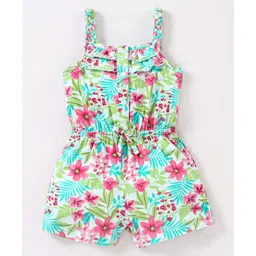 Babyhug 100% Cotton Knit Sleeveless Jumpsuit Floral Print - Mint-picture-36