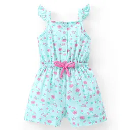 Babyhug 100% Cotton Knit Sleeveless Jumpsuit Floral Print - Mint Blue-picture-23
