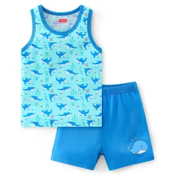 Babyhug 100% Cotton Knit Sleeveless Sando & Shorts Set Shark Print -Blue-picture-31