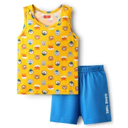 Babyhug 100% Cotton Knit Sleeveless Sando & Shorts Set with Animal Print- Yellow & Blue-picture-28