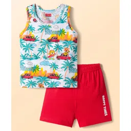 Babyhug 100% Cotton Knit Sleeveless Sando & Shorts Set with Beach Theme Print - White & Red-picture-25