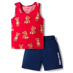 Babyhug 100% Cotton Knit Sleeveless Sando & Shorts Set with Bear Print - Red & Navy Blue-picture-36