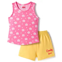 Babyhug 100% Cotton Knit Sleeveless Sando & Shorts Set with Rainbow Print - Yellow & Pink-picture-29