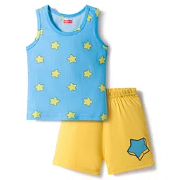 Babyhug 100% Cotton Knit Sleeveless Sando & Shorts Set with Star Print - Yellow & Light Blue-picture-27