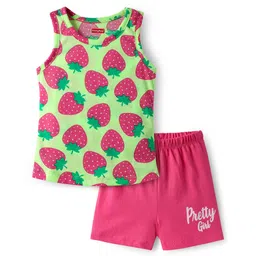 Babyhug 100% Cotton Knit Sleeveless Sando & Shorts Set With Strawberry Print - Light Green & Pink-picture-38