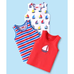 Babyhug 100% Cotton Knit Sleeveless Sando Vests With Boat Print Pack of 3 - Red Blue & White-picture-14