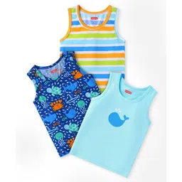 Babyhug 100% Cotton Knit Sleeveless Sando With Stripes & Sea Life Print Pack Of 3 - Blue-picture-23
