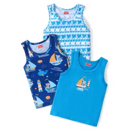 Babyhug 100% Cotton Knit Sleeveless Sandos Sea Theme Print Pack of 3 - Blue-picture-18