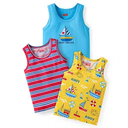 Babyhug 100% Cotton Knit Sleeveless Sandos with Stripes & Sea Life Print Pack of 3 - Light Blue & Yellow-picture-22