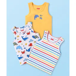 Babyhug 100% Cotton Knit Sleeveless Sea Life Theme Printed Sandos Pack of 3 - Yellow & White-picture-16