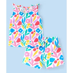 Babyhug 100% Cotton Knit Sleeveless Top & Shorts Set with Floral Print - Multicolor-picture-18