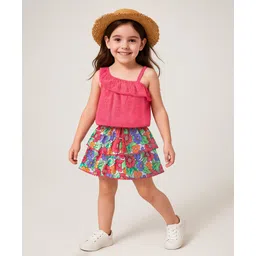 Babyhug 100% Cotton Knit Sleeveless Top & Skirt Set Floral Print- Multicolor-picture-30