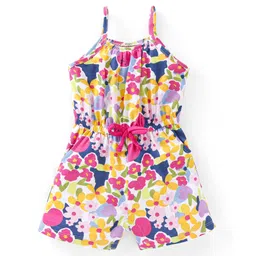 Babyhug 100% Cotton Knitted Sleeveless Jumpsuit Floral Print- Pink & Blue-picture-27