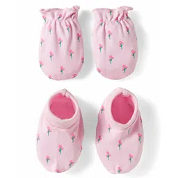Babyhug 100% Cotton Mittens & Booties With Floral Print - Pink-image-39