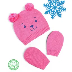 Babyhug 100% Cotton Organic Woollen  Caps With Mittens Bear Print - Pink-picture-38