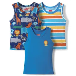 Babyhug 100% Cotton Single Jersey Knit Antibacterial Sleeveless Sando with Stripes & Animal Print Pack of 3 - Blue-picture-25
