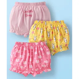 Babyhug 100% Cotton Single Jersey Knit Bloomers With Floral & Bunny Print Pack Of 3 - Yellow & Pink-picture-17